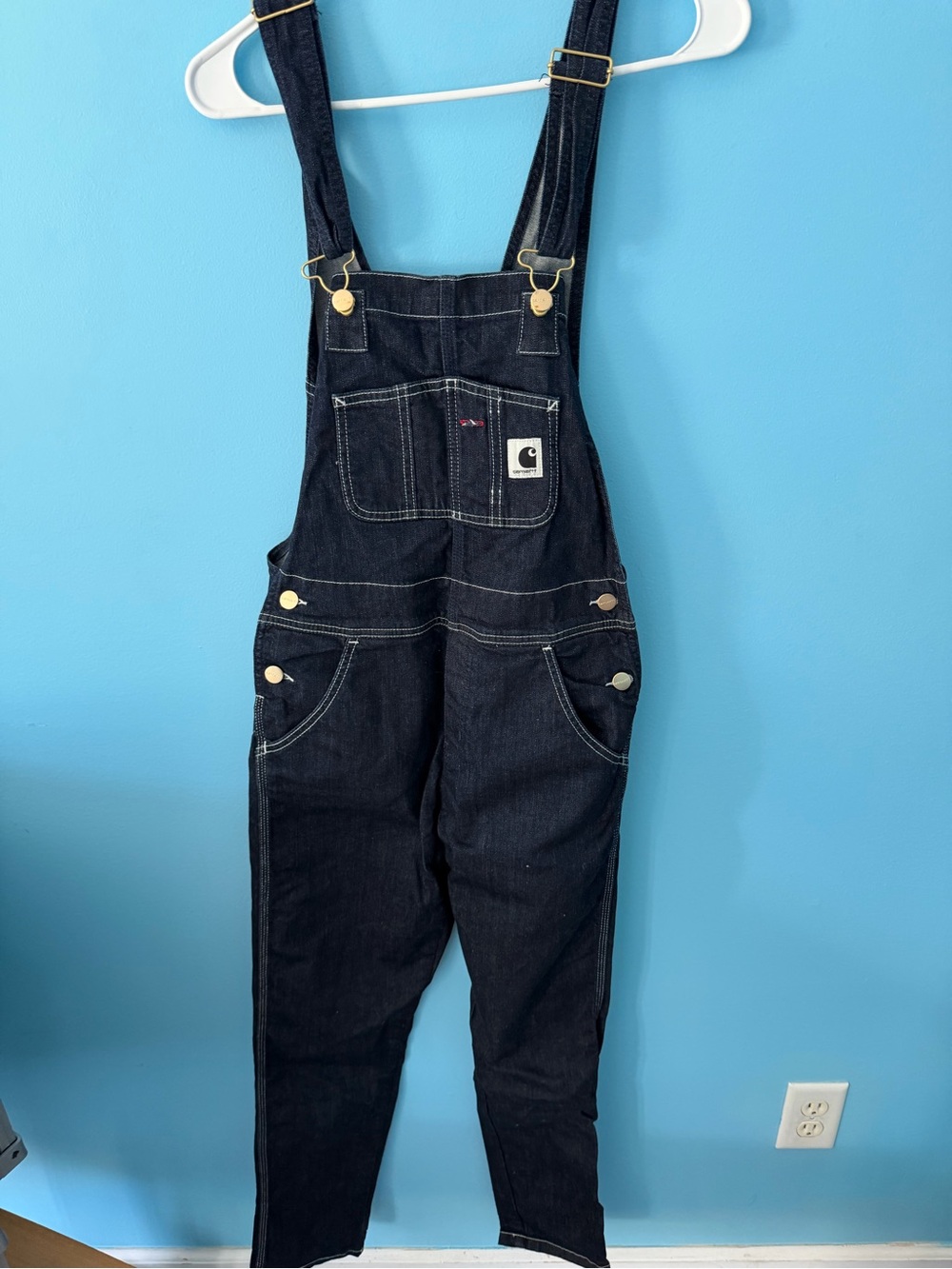 Carhartt Navy Blue Denim Bib Overalls with White Stitching